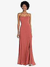 Alt View 1 Thumbnail - Coral Pink Scoop Neck Convertible Tie-Strap Maxi Dress with Front Slit