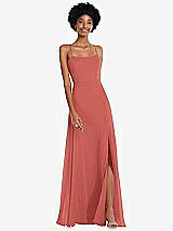Front View Thumbnail - Coral Pink Scoop Neck Convertible Tie-Strap Maxi Dress with Front Slit