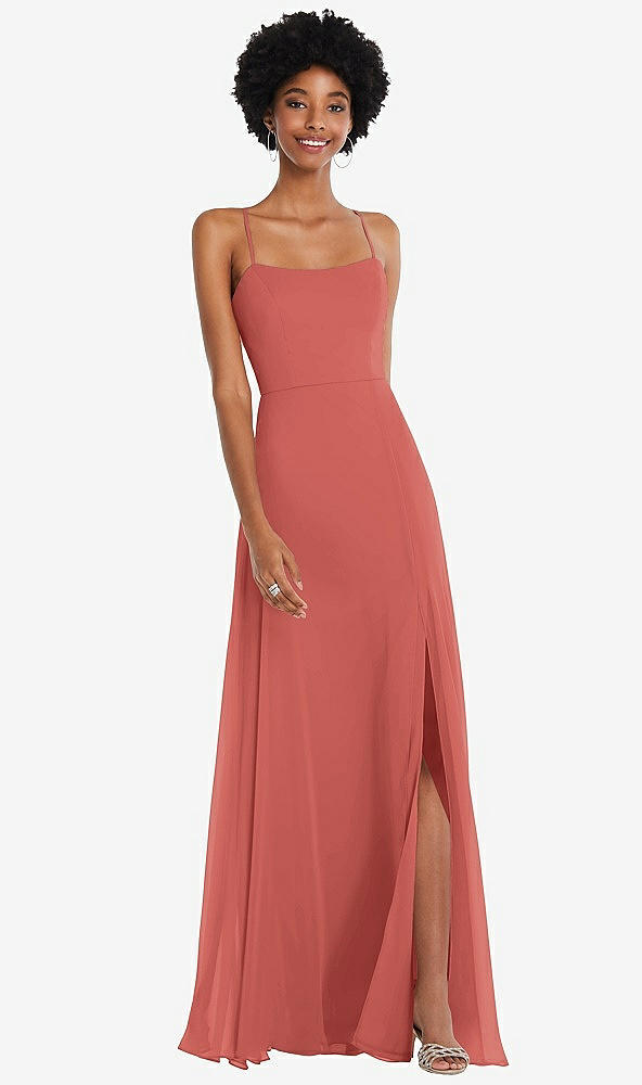 Front View - Coral Pink Scoop Neck Convertible Tie-Strap Maxi Dress with Front Slit