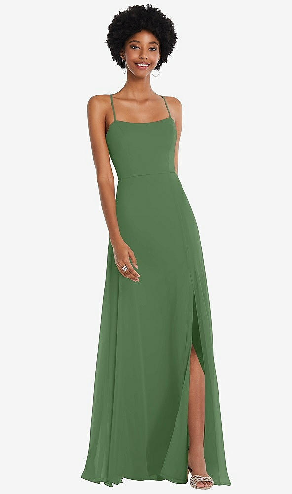 Front View - Vineyard Green Scoop Neck Convertible Tie-Strap Maxi Dress with Front Slit