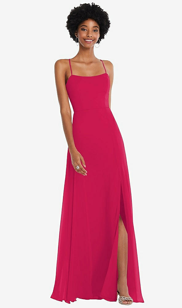 Front View - Vivid Pink Scoop Neck Convertible Tie-Strap Maxi Dress with Front Slit