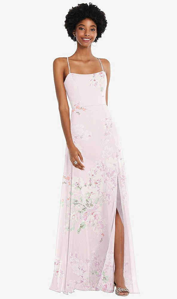 Front View - Watercolor Print Scoop Neck Convertible Tie-Strap Maxi Dress with Front Slit