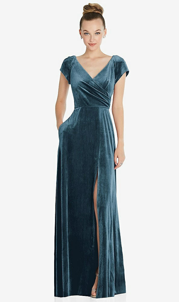 Front View - Dutch Blue Cap Sleeve Faux Wrap Velvet Maxi Dress with Pockets