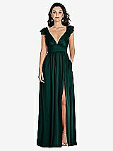 Front View Thumbnail - Evergreen Deep V-Neck Ruffle Cap Sleeve Maxi Dress with Convertible Straps