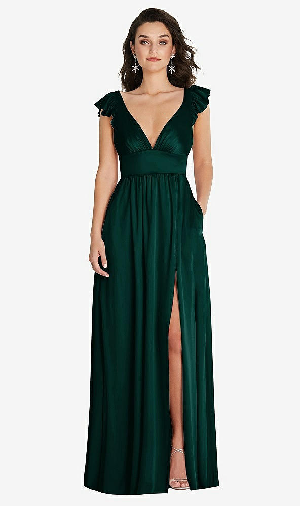 Front View - Evergreen Deep V-Neck Ruffle Cap Sleeve Maxi Dress with Convertible Straps