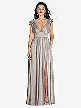 Front View Thumbnail - Taupe Deep V-Neck Ruffle Cap Sleeve Maxi Dress with Convertible Straps