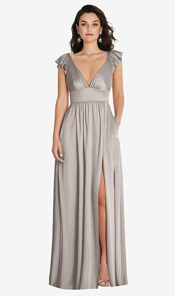 Front View - Taupe Deep V-Neck Ruffle Cap Sleeve Maxi Dress with Convertible Straps