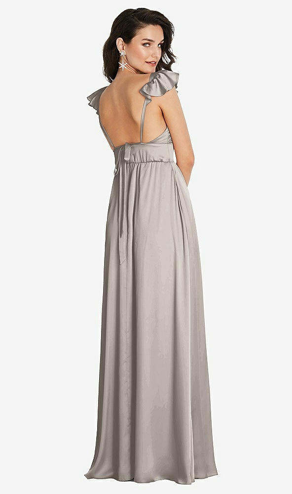 Back View - Taupe Deep V-Neck Ruffle Cap Sleeve Maxi Dress with Convertible Straps