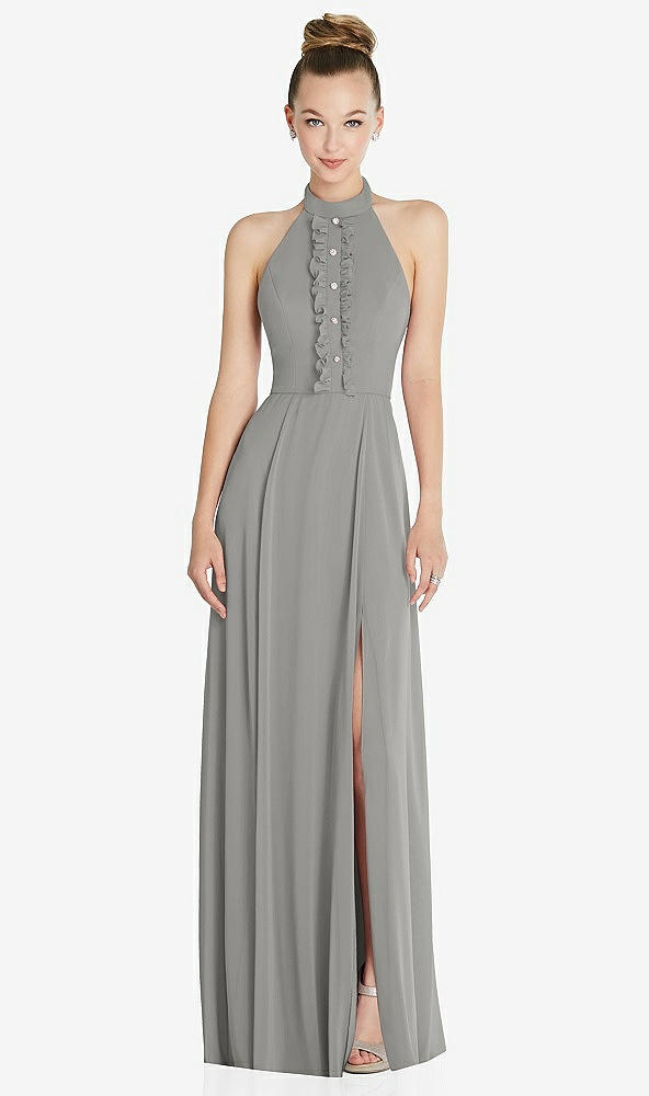 Front View - Chelsea Gray Halter Backless Maxi Dress with Crystal Button Ruffle Placket