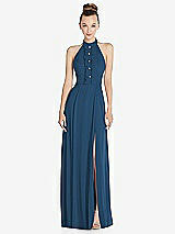 Front View Thumbnail - Dusk Blue Halter Backless Maxi Dress with Crystal Button Ruffle Placket
