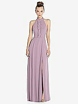 Front View Thumbnail - Suede Rose Halter Backless Maxi Dress with Crystal Button Ruffle Placket