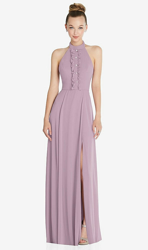 Front View - Suede Rose Halter Backless Maxi Dress with Crystal Button Ruffle Placket