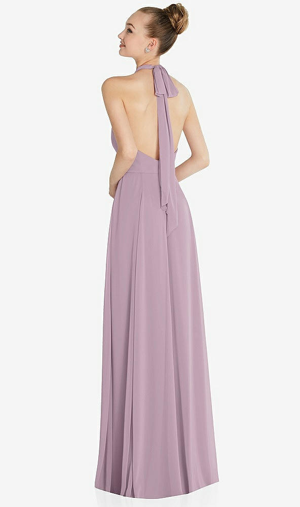 Back View - Suede Rose Halter Backless Maxi Dress with Crystal Button Ruffle Placket
