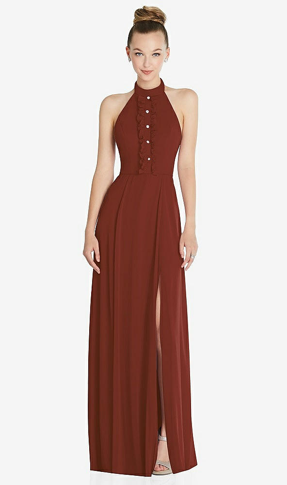 Front View - Auburn Moon Halter Backless Maxi Dress with Crystal Button Ruffle Placket
