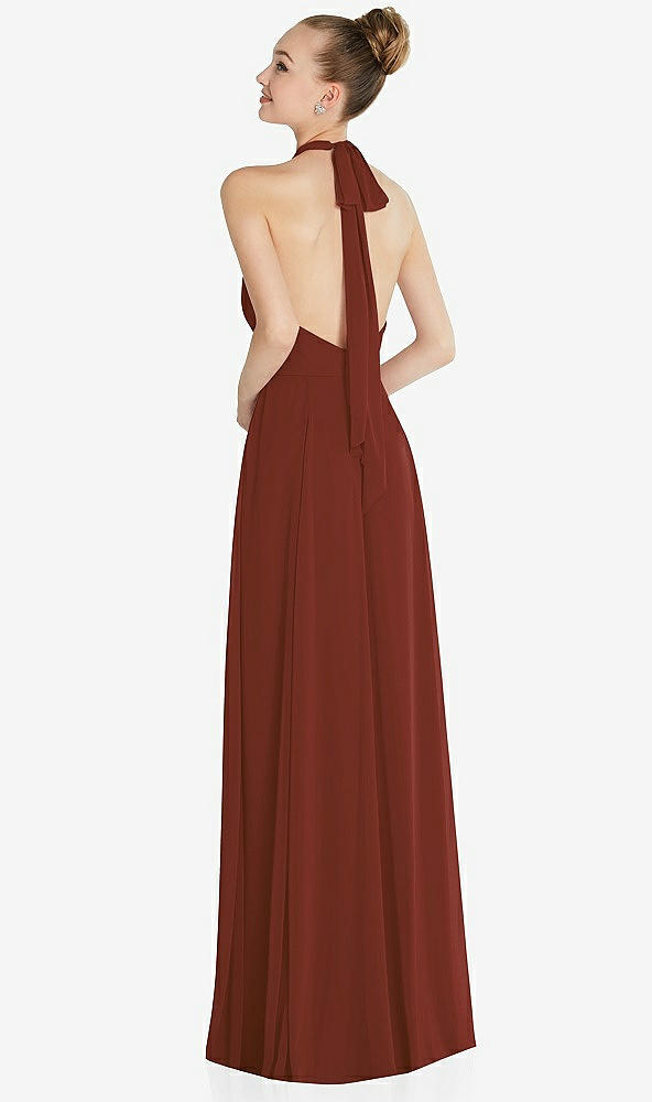 Back View - Auburn Moon Halter Backless Maxi Dress with Crystal Button Ruffle Placket