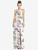 Front View Thumbnail - Butterfly Botanica Ivory Halter Backless Maxi Dress with Crystal Button Ruffle Placket