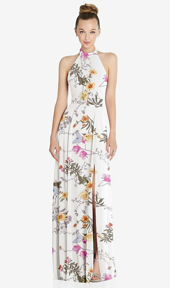 Front View - Butterfly Botanica Ivory Halter Backless Maxi Dress with Crystal Button Ruffle Placket