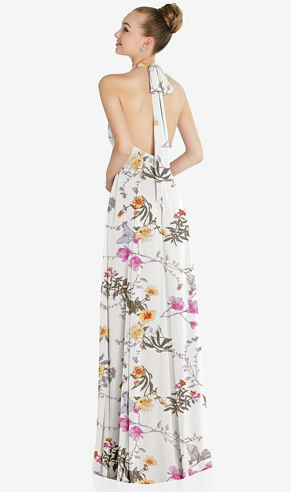 Back View - Butterfly Botanica Ivory Halter Backless Maxi Dress with Crystal Button Ruffle Placket