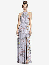 Front View Thumbnail - Butterfly Botanica Silver Dove Halter Backless Maxi Dress with Crystal Button Ruffle Placket
