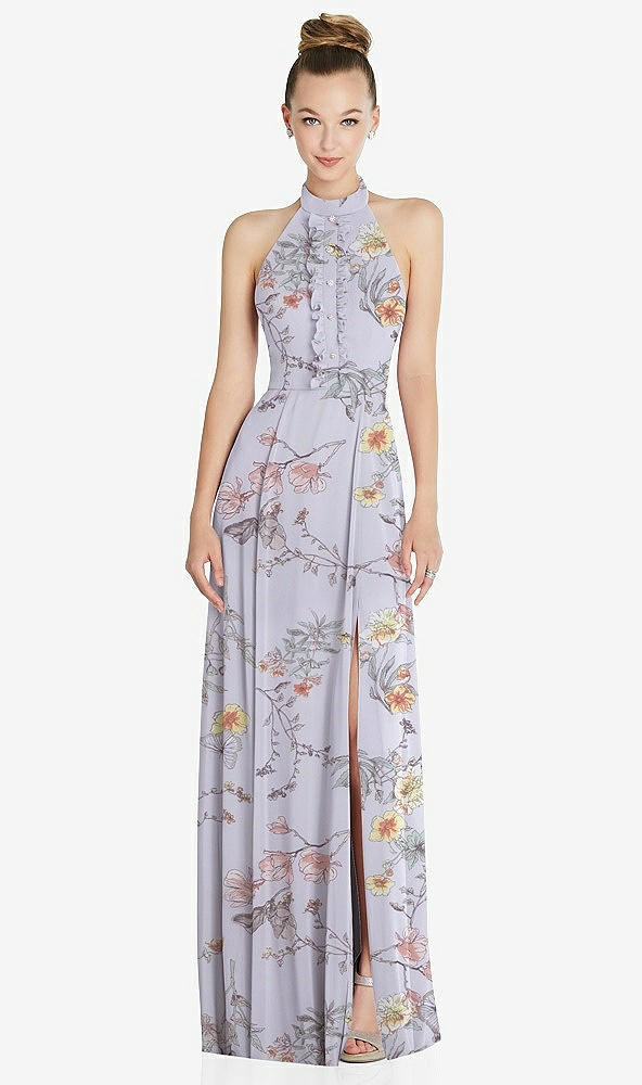 Front View - Butterfly Botanica Silver Dove Halter Backless Maxi Dress with Crystal Button Ruffle Placket