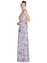 Side View Thumbnail - Butterfly Botanica Silver Dove Halter Backless Maxi Dress with Crystal Button Ruffle Placket