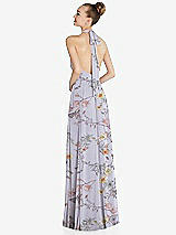 Rear View Thumbnail - Butterfly Botanica Silver Dove Halter Backless Maxi Dress with Crystal Button Ruffle Placket