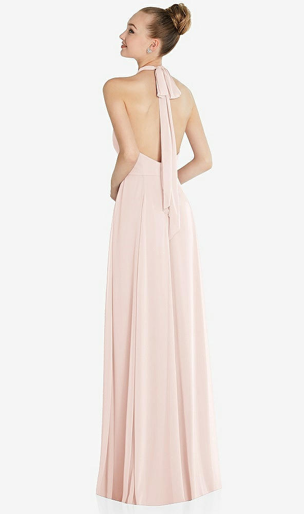 Back View - Blush Halter Backless Maxi Dress with Crystal Button Ruffle Placket