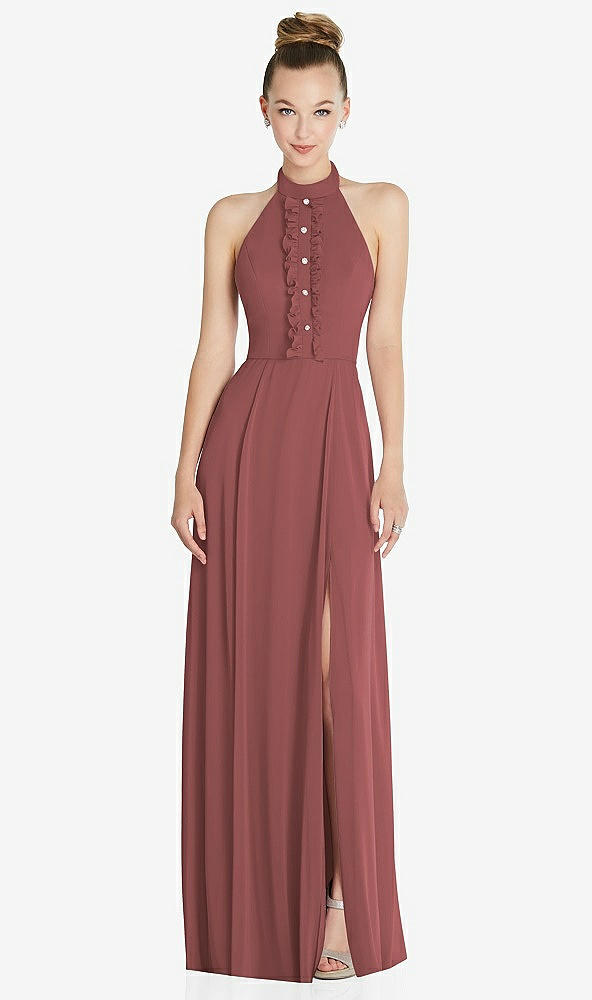 Front View - English Rose Halter Backless Maxi Dress with Crystal Button Ruffle Placket