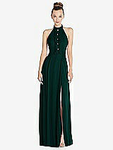 Front View Thumbnail - Evergreen Halter Backless Maxi Dress with Crystal Button Ruffle Placket