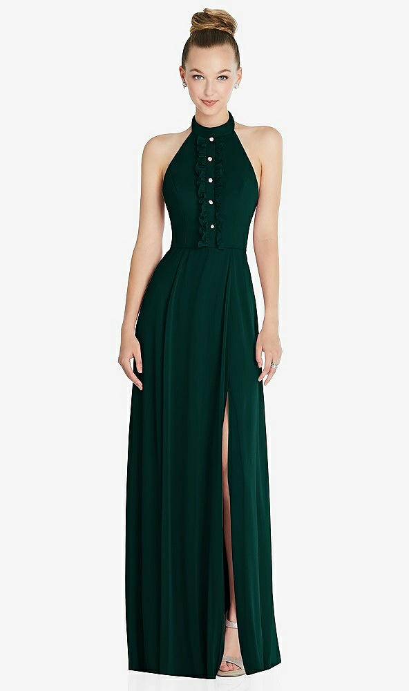 Front View - Evergreen Halter Backless Maxi Dress with Crystal Button Ruffle Placket