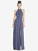 Front View Thumbnail - French Blue Halter Backless Maxi Dress with Crystal Button Ruffle Placket