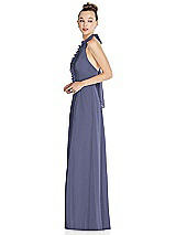Side View Thumbnail - French Blue Halter Backless Maxi Dress with Crystal Button Ruffle Placket