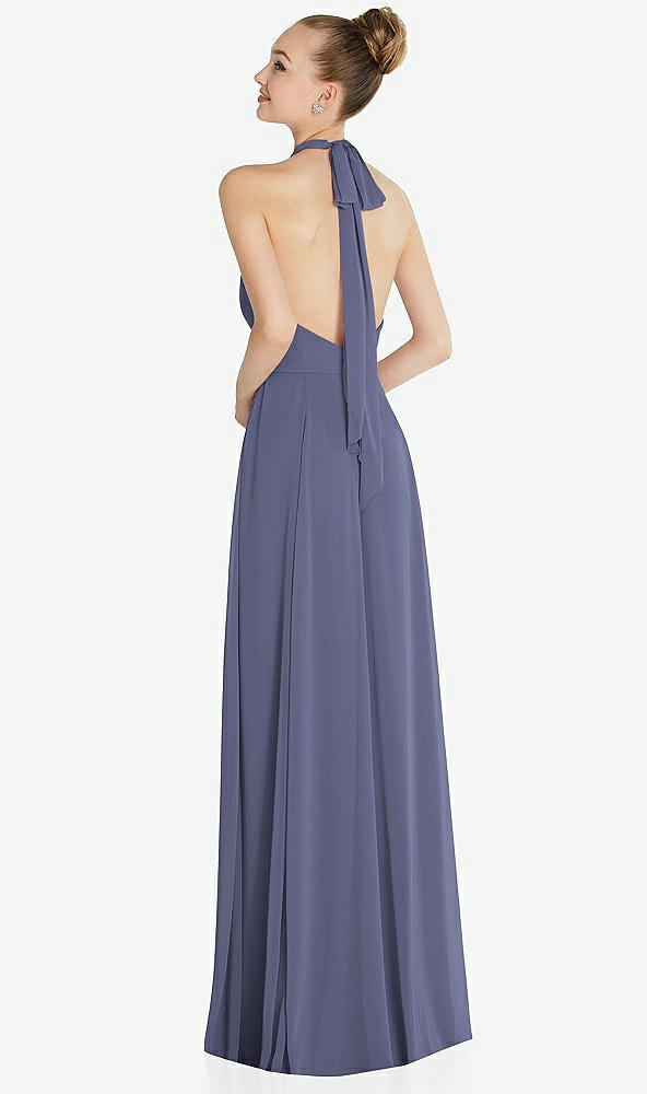 Back View - French Blue Halter Backless Maxi Dress with Crystal Button Ruffle Placket