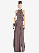 Front View Thumbnail - French Truffle Halter Backless Maxi Dress with Crystal Button Ruffle Placket
