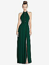 Front View Thumbnail - Hunter Green Halter Backless Maxi Dress with Crystal Button Ruffle Placket