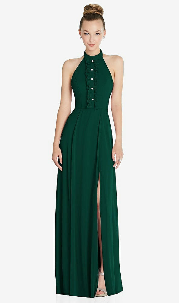 Front View - Hunter Green Halter Backless Maxi Dress with Crystal Button Ruffle Placket