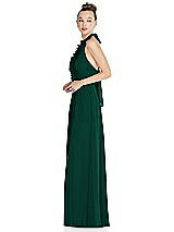 Side View Thumbnail - Hunter Green Halter Backless Maxi Dress with Crystal Button Ruffle Placket