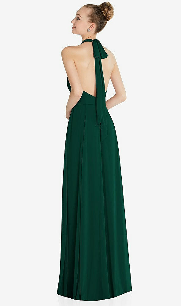 Back View - Hunter Green Halter Backless Maxi Dress with Crystal Button Ruffle Placket