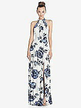 Front View Thumbnail - Indigo Rose Halter Backless Maxi Dress with Crystal Button Ruffle Placket