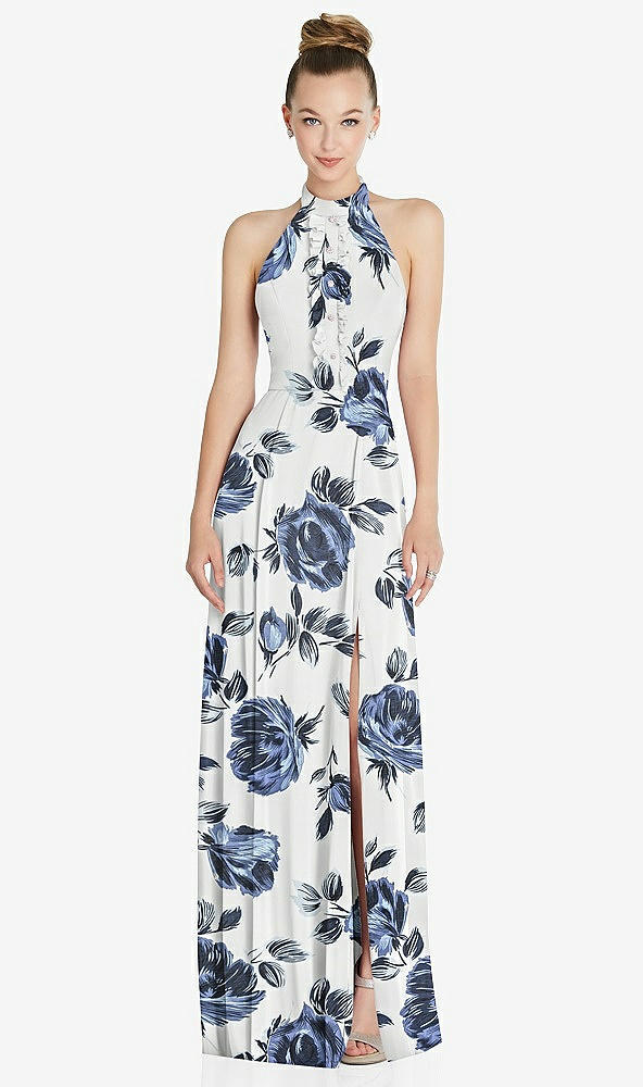 Front View - Indigo Rose Halter Backless Maxi Dress with Crystal Button Ruffle Placket
