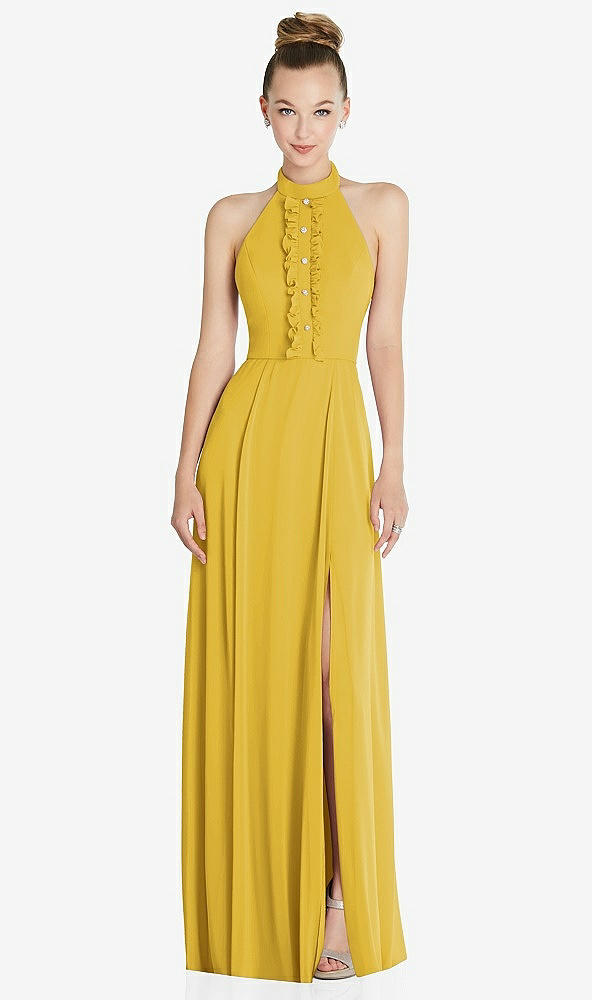 Front View - Marigold Halter Backless Maxi Dress with Crystal Button Ruffle Placket