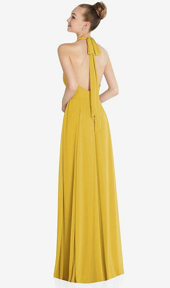 Back View - Marigold Halter Backless Maxi Dress with Crystal Button Ruffle Placket