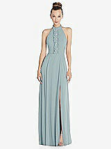 Front View Thumbnail - Morning Sky Halter Backless Maxi Dress with Crystal Button Ruffle Placket