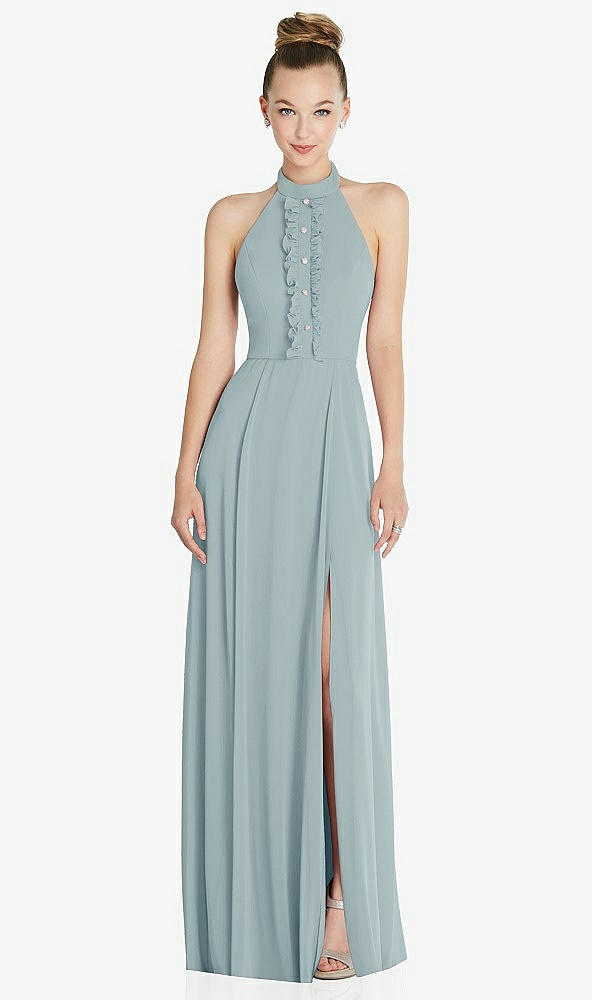 Front View - Morning Sky Halter Backless Maxi Dress with Crystal Button Ruffle Placket