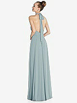 Rear View Thumbnail - Morning Sky Halter Backless Maxi Dress with Crystal Button Ruffle Placket