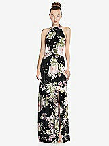 Front View Thumbnail - Noir Garden Halter Backless Maxi Dress with Crystal Button Ruffle Placket