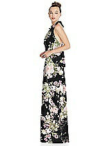 Side View Thumbnail - Noir Garden Halter Backless Maxi Dress with Crystal Button Ruffle Placket