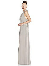 Side View Thumbnail - Oyster Halter Backless Maxi Dress with Crystal Button Ruffle Placket