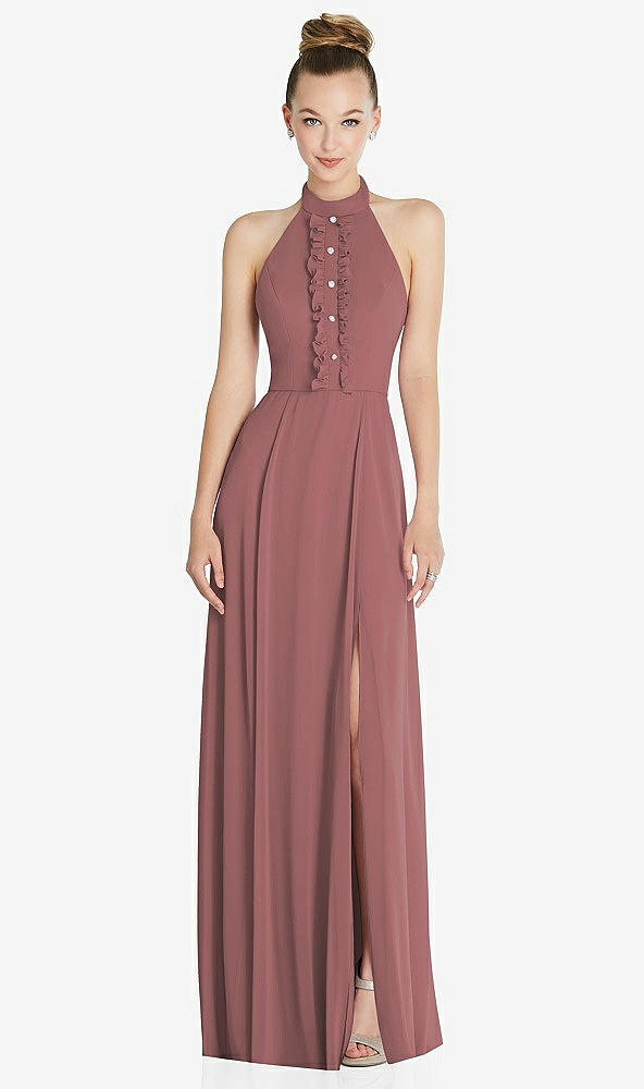 Front View - Rosewood Halter Backless Maxi Dress with Crystal Button Ruffle Placket