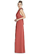 Side View Thumbnail - Coral Pink Halter Backless Maxi Dress with Crystal Button Ruffle Placket